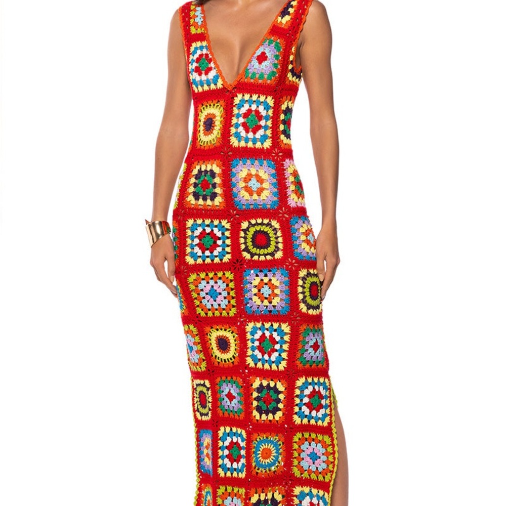 AKIRA Multicolor Crochet Knit Dress - Red, Orange, Green, Blue, Yellow - Picture 8 of 8